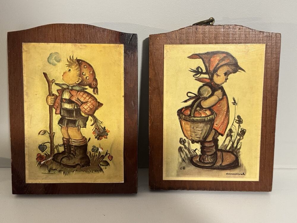 Vintage Wooden Decoupage Boy and Girl Plaques Cottagecore